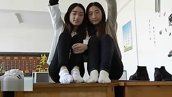 Double Chinese girl feet tickling